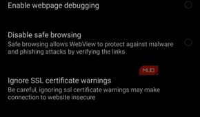 The Advanced settings menu in the Via browser.