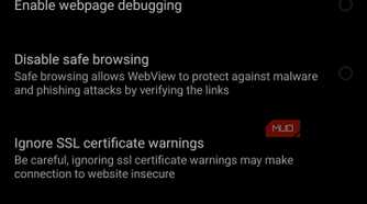 The Advanced settings menu in the Via browser.