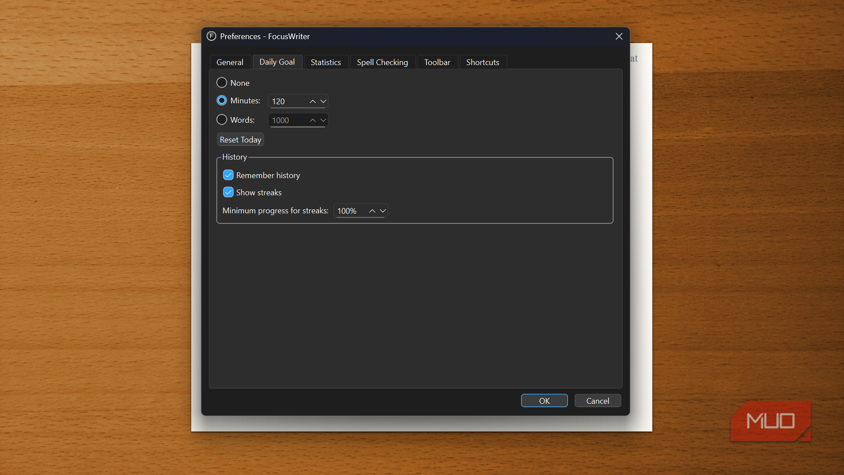 The Daily Goal tab under Preferences in the FocusWriter app.