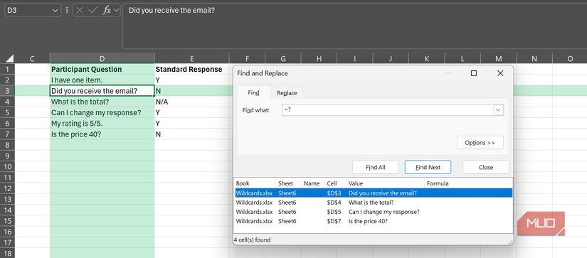 The Find and Replace Dialog box in Excel showing search results of a search to find a literal question mark using the tilde wildcard.