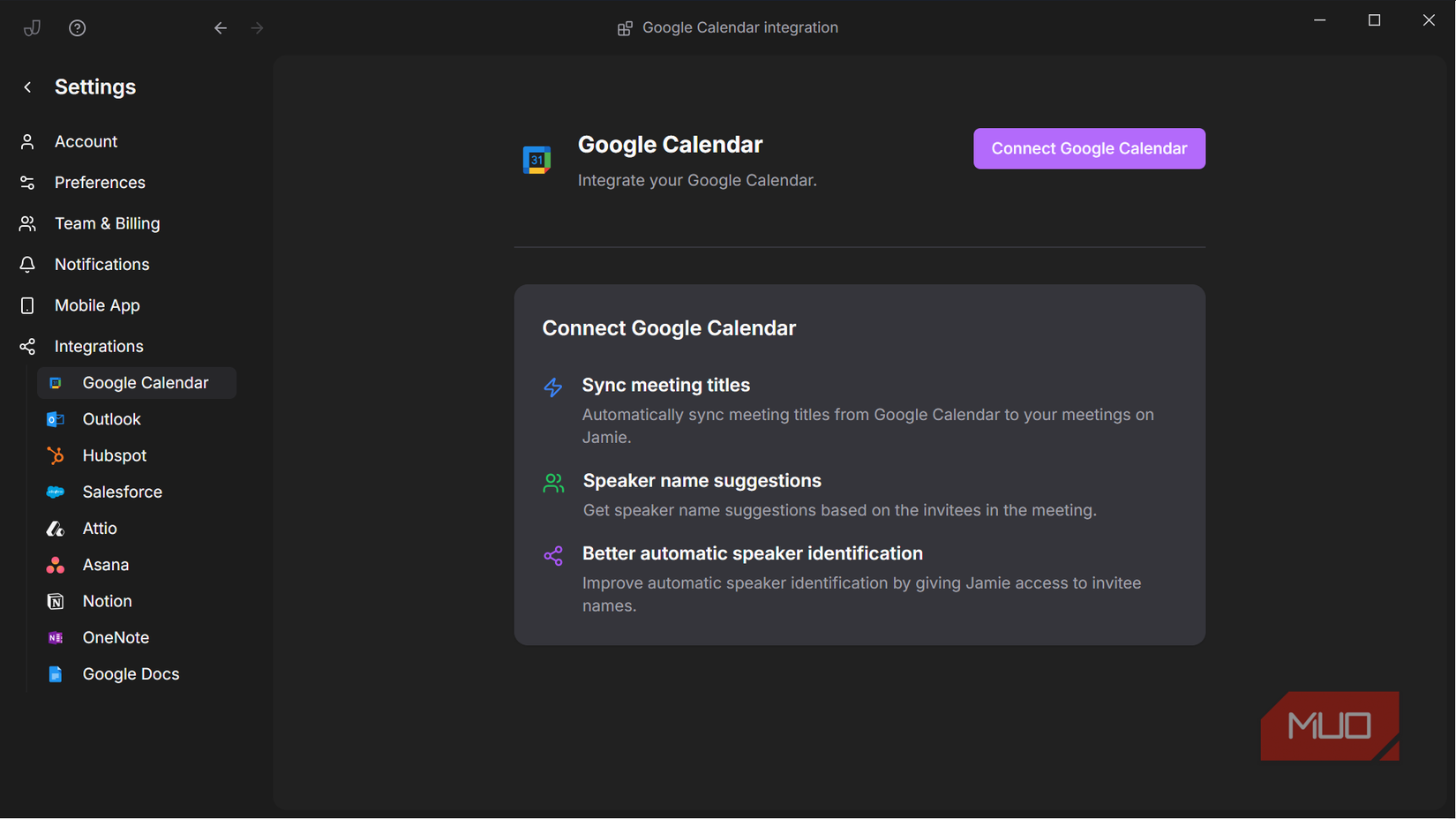 The Google Calender connection menu under Integrations in the Jamie app.