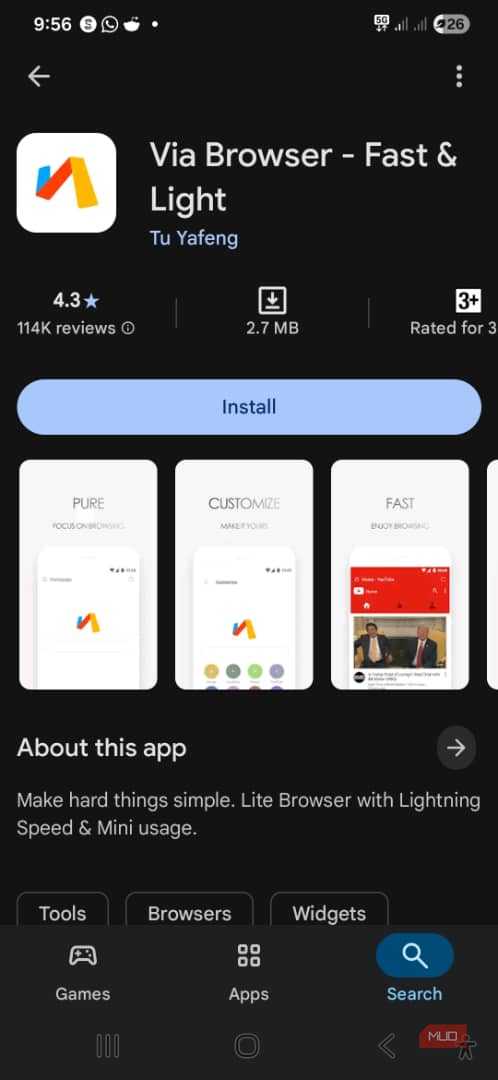 The Google Play Store page for the Via Browser app.