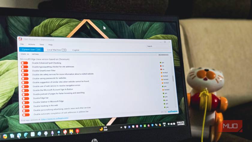 The O&O Shutup++ app open in Windows 11 on a HP laptop
