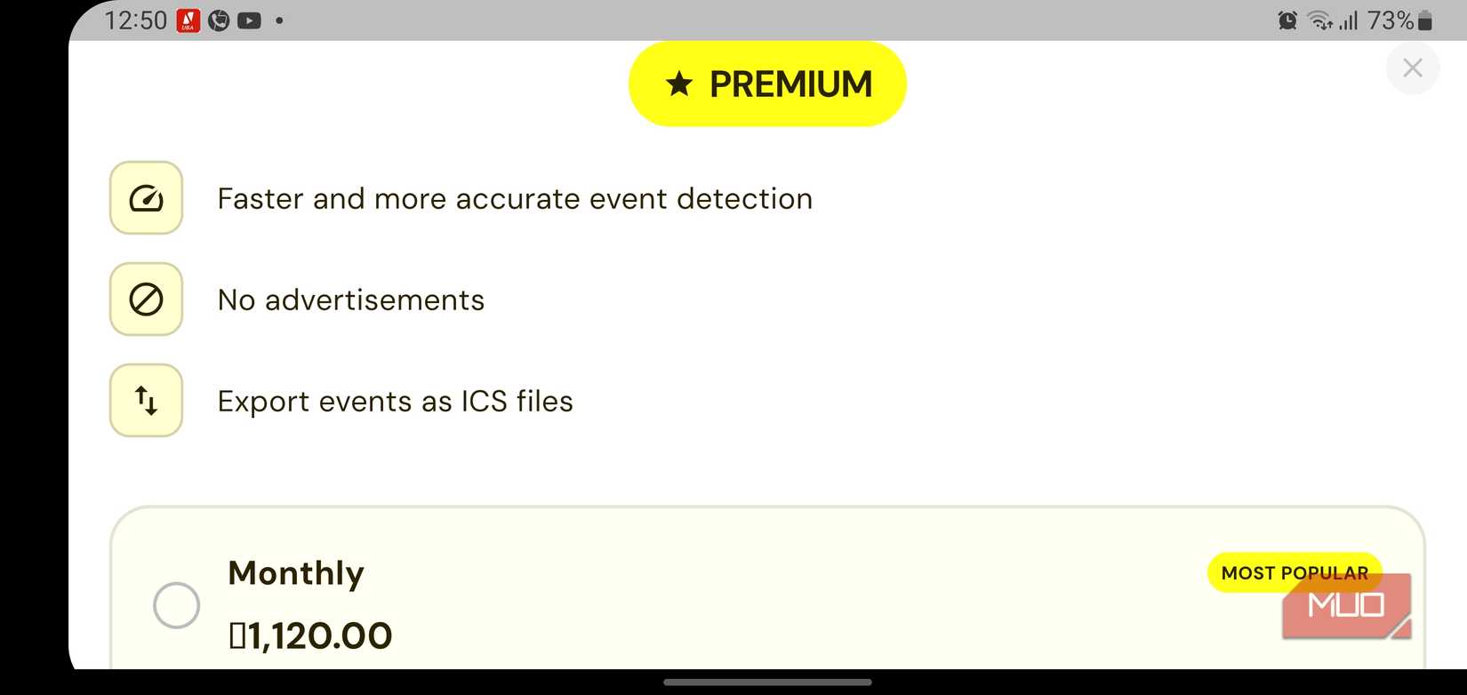 The Photo2Calendar Premium screen highlighting benefits.