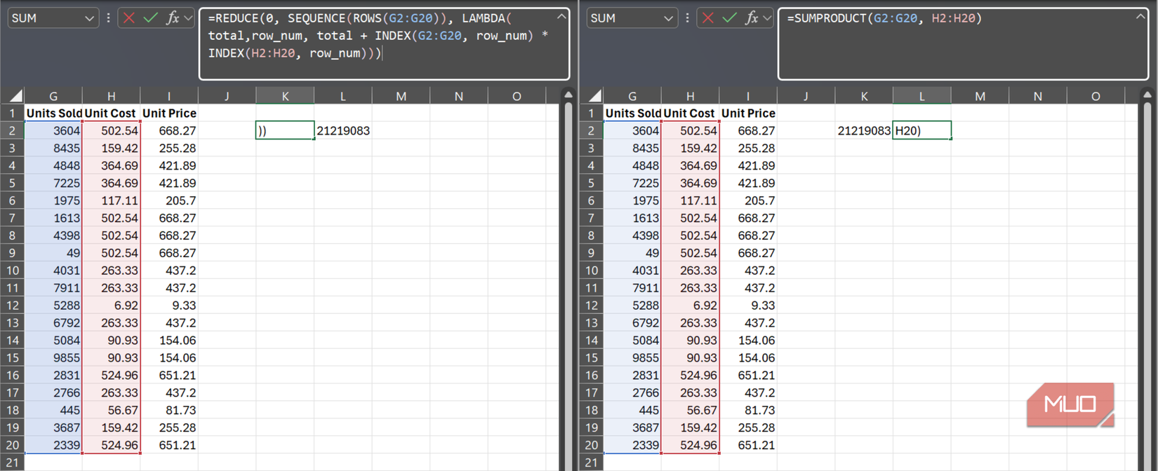 The REDUCE function vs SUMPRODUCT function used to achieve the same result in Excel.