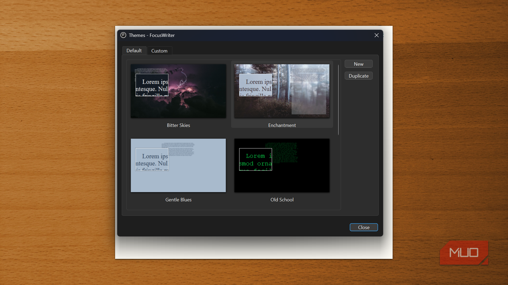 The Themes menu open and placed on a blank page on a woody background on the FocusWriter app.