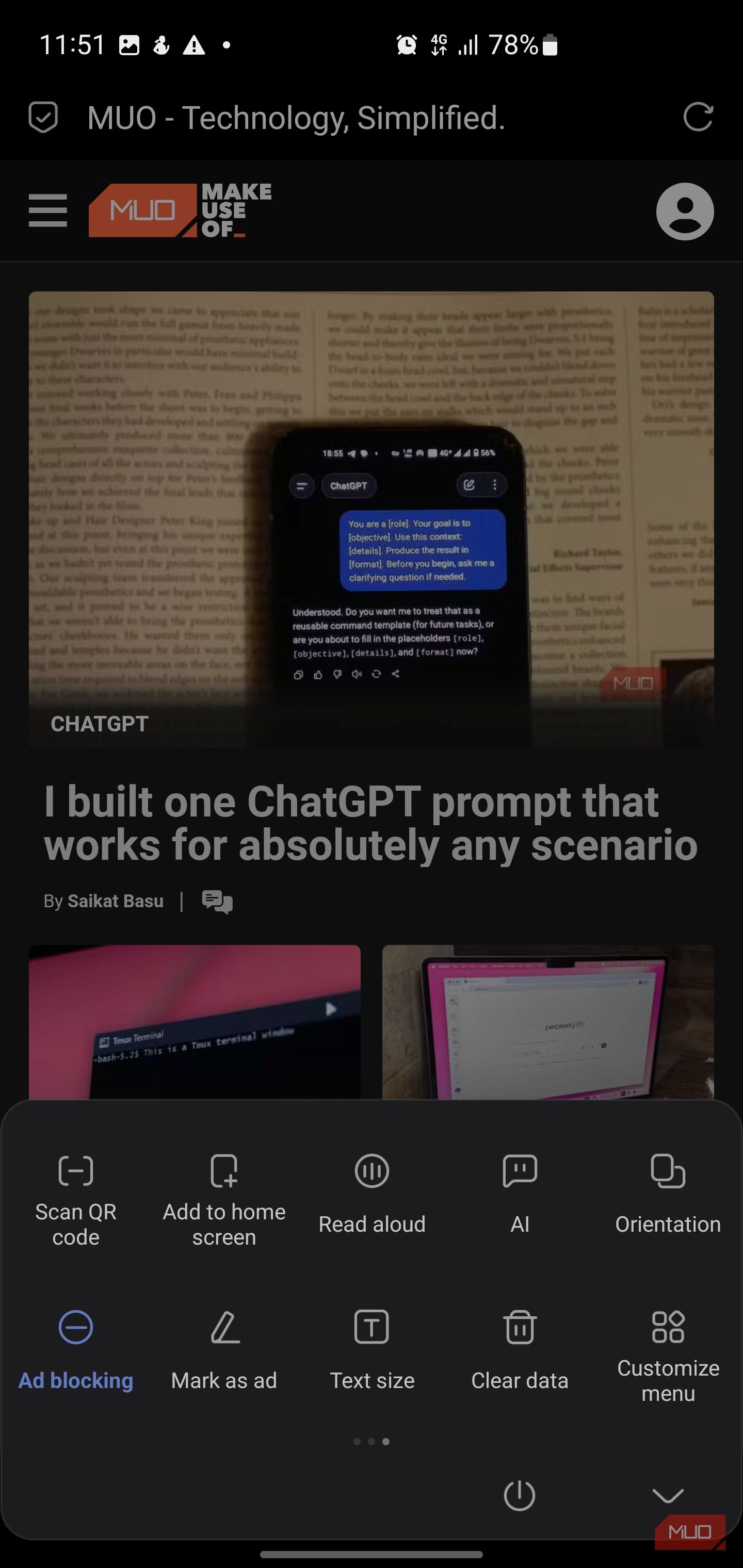 The Via browser's main menu, scrolled to the bottom section.