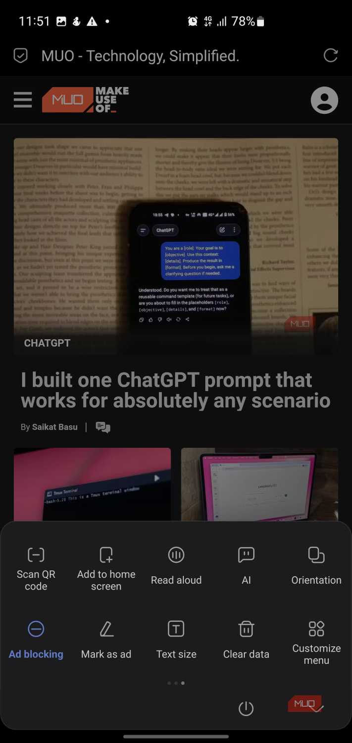 The Via browser's main menu, scrolled to the bottom section.