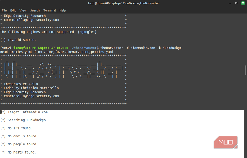 theHarvester scan results after cleaning up online footprints