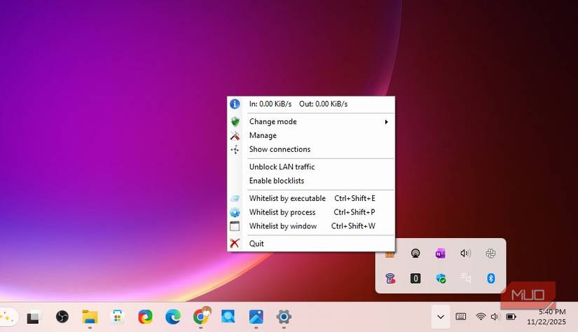 TinyWall firewall options from windows menu