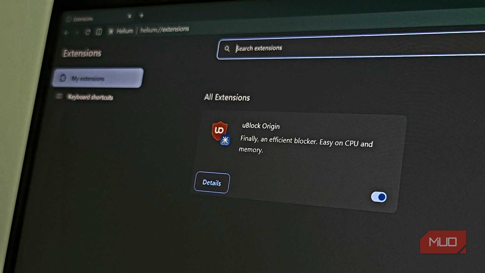 uBlock Origin extension on Helium Browser