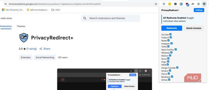 Using PrivacyRedirect+ on the Chrome browser