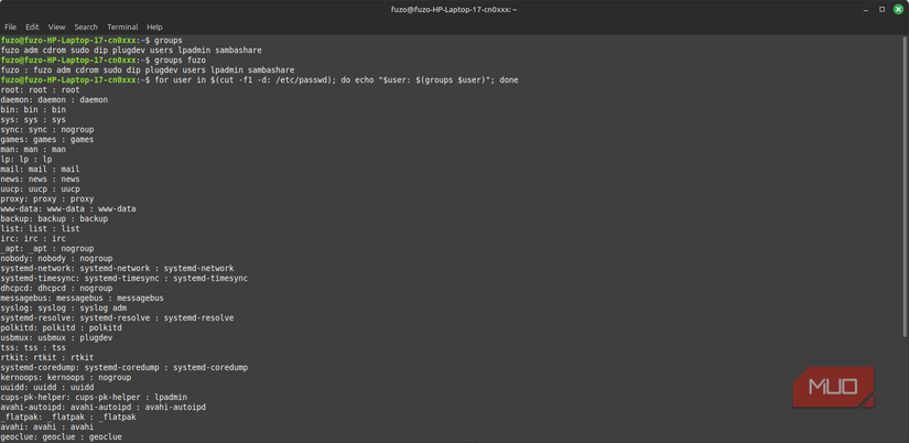 Using the groups command for multiple users