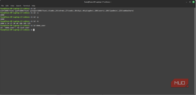 Using the id command to show numeric IDs and basic usage