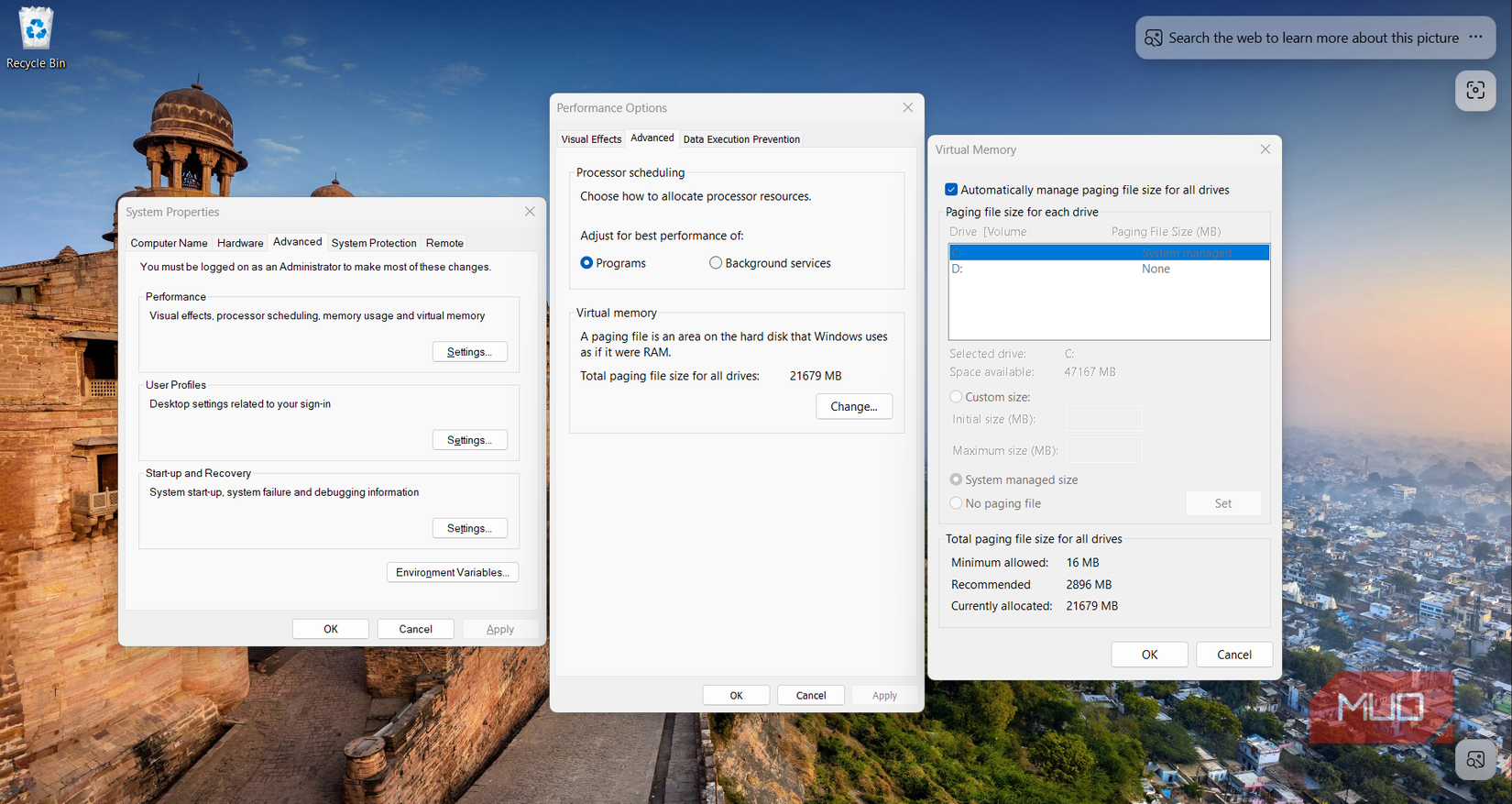 Virtual memory dialog showing automatic management enabled