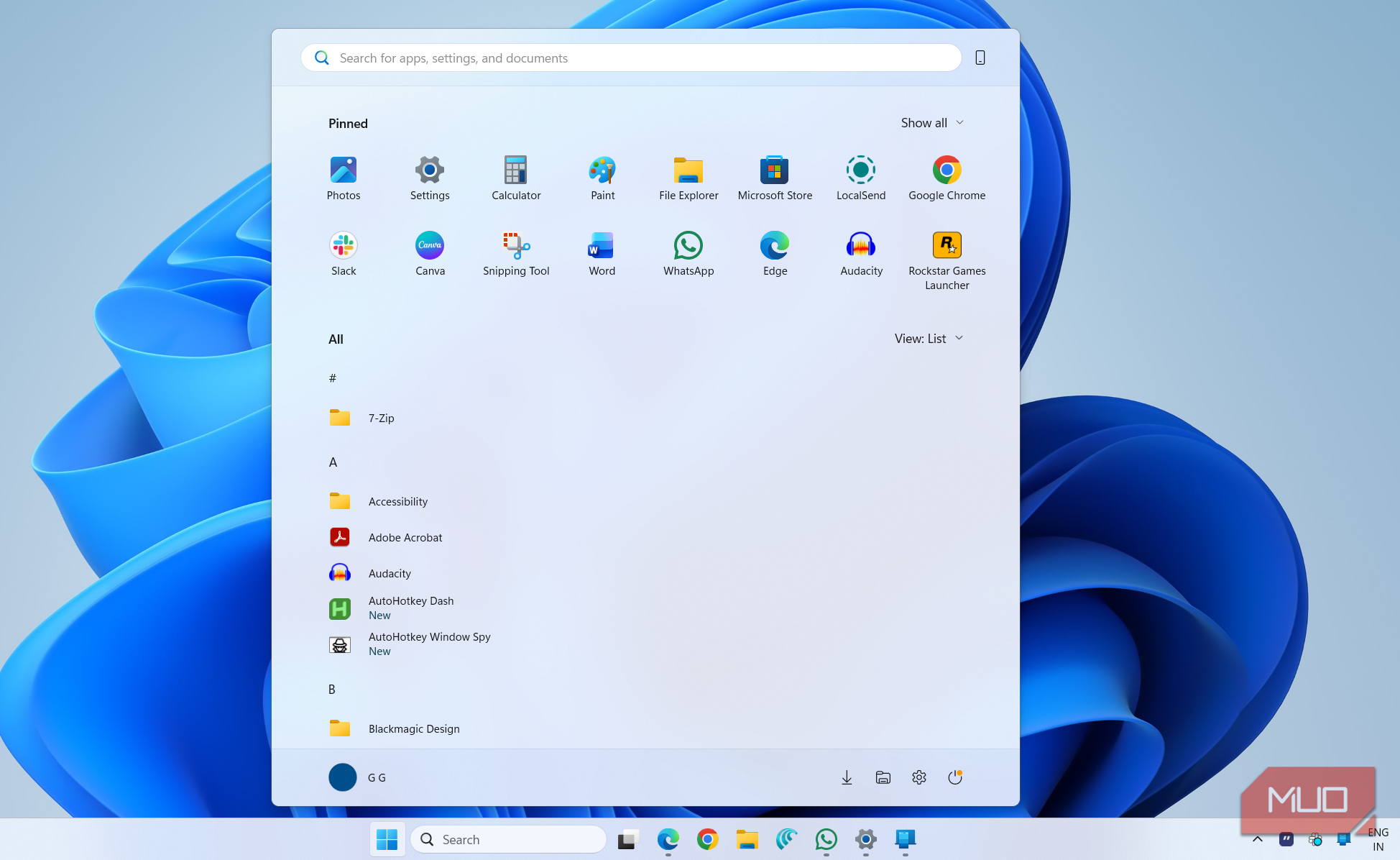 Windows 11 Start menu with list layout