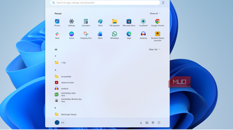 Windows 11 Start menu with list layout