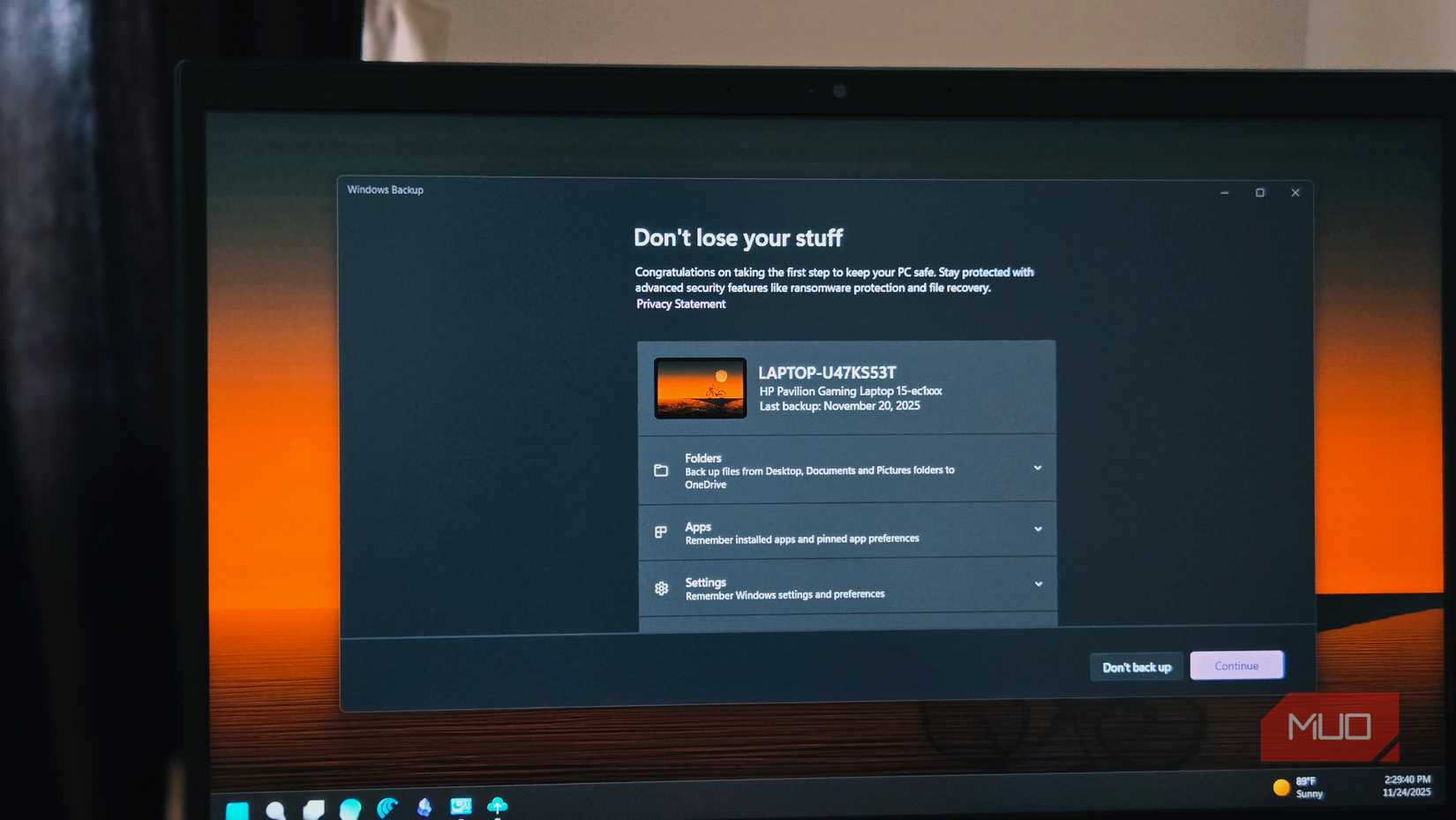 Windows Backup app open on a HP Laptop-1
