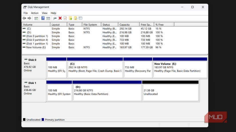 Windows Disk Management showing two disks installed.