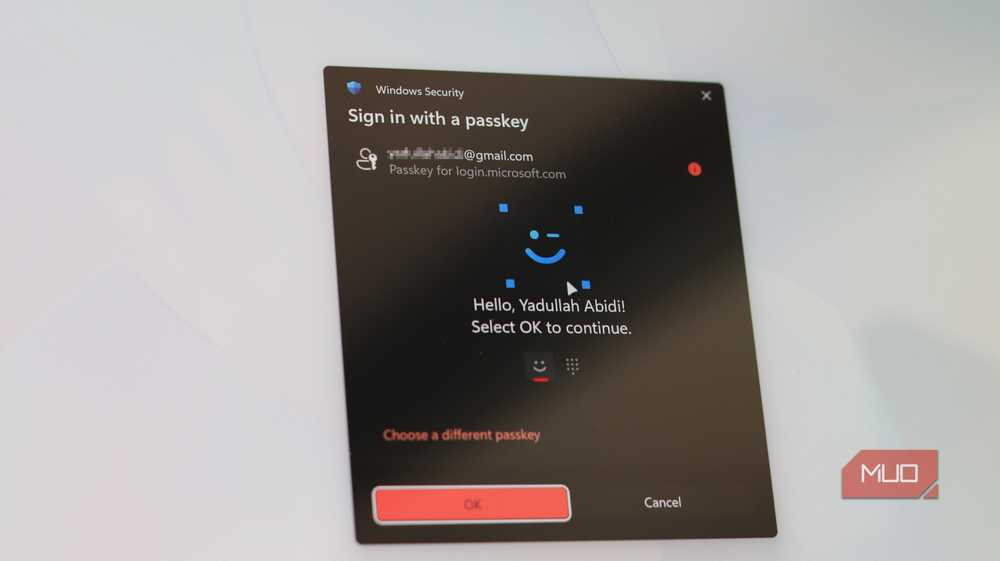 Windows Hello passkey prompt using TPM-backed authentication