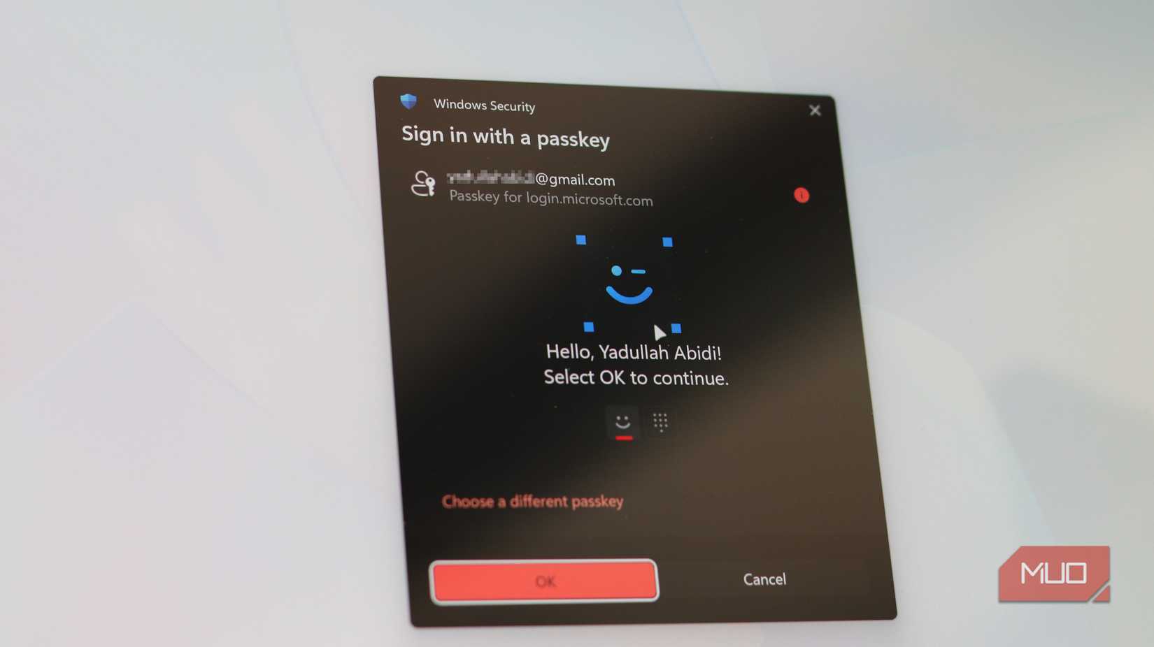 Windows Hello passkey prompt on Windows 11.