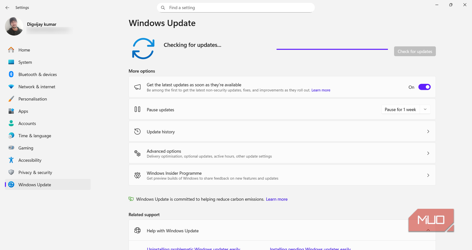 Windows Update screen while checking for updates