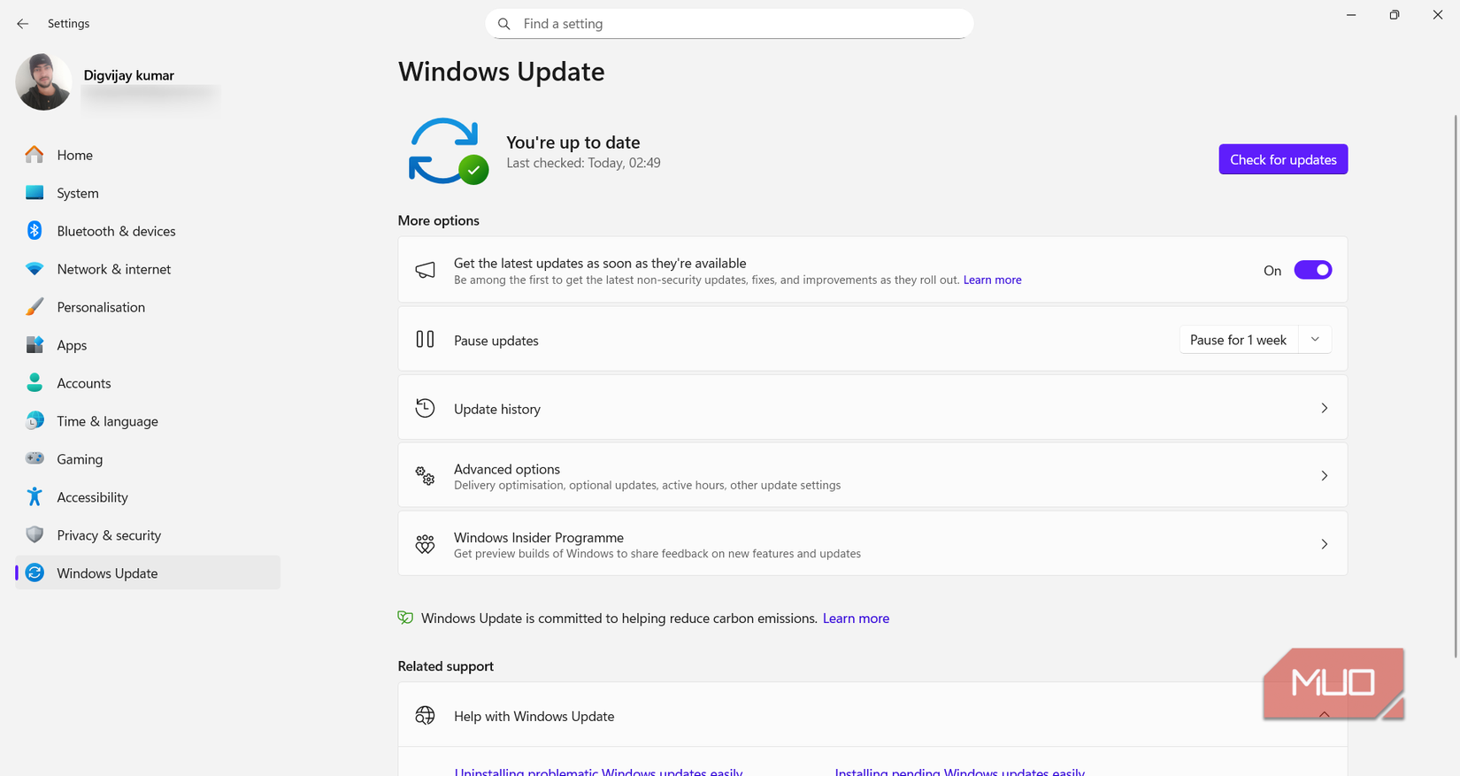 Windows Update screen with latest updates installed