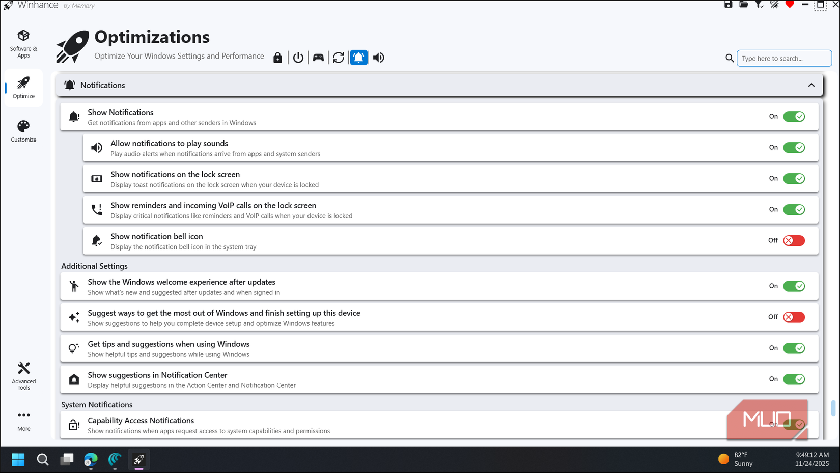Winhance notification tab open in Windows 