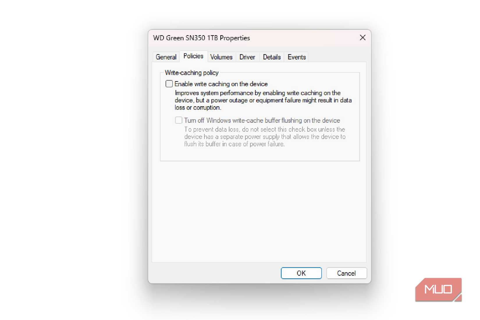 Looking in the Policies menu in Device Manager in Windows 11 for the option to Enable or Disable Write Caching