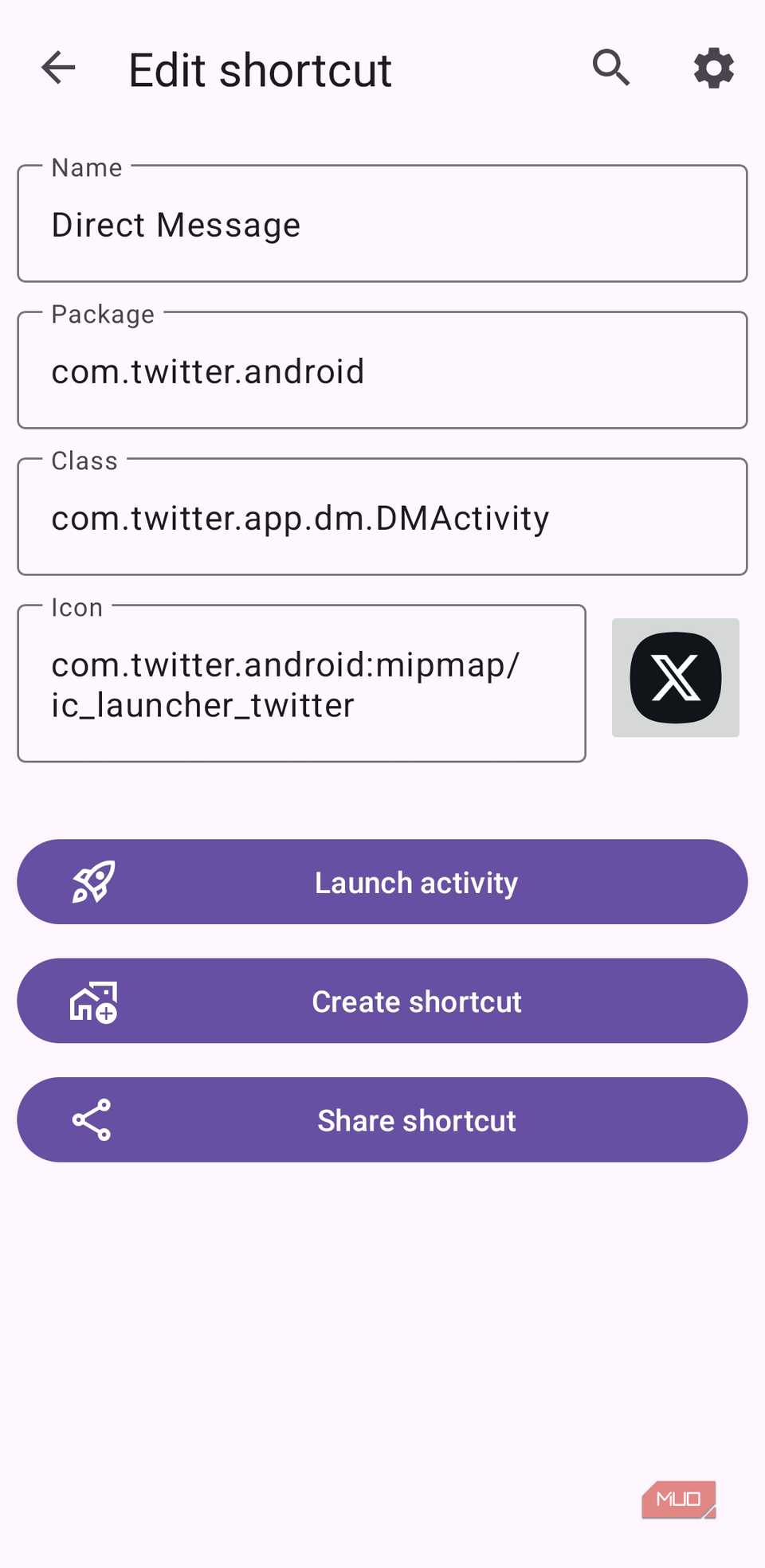X app shortcut in Activity Launcher