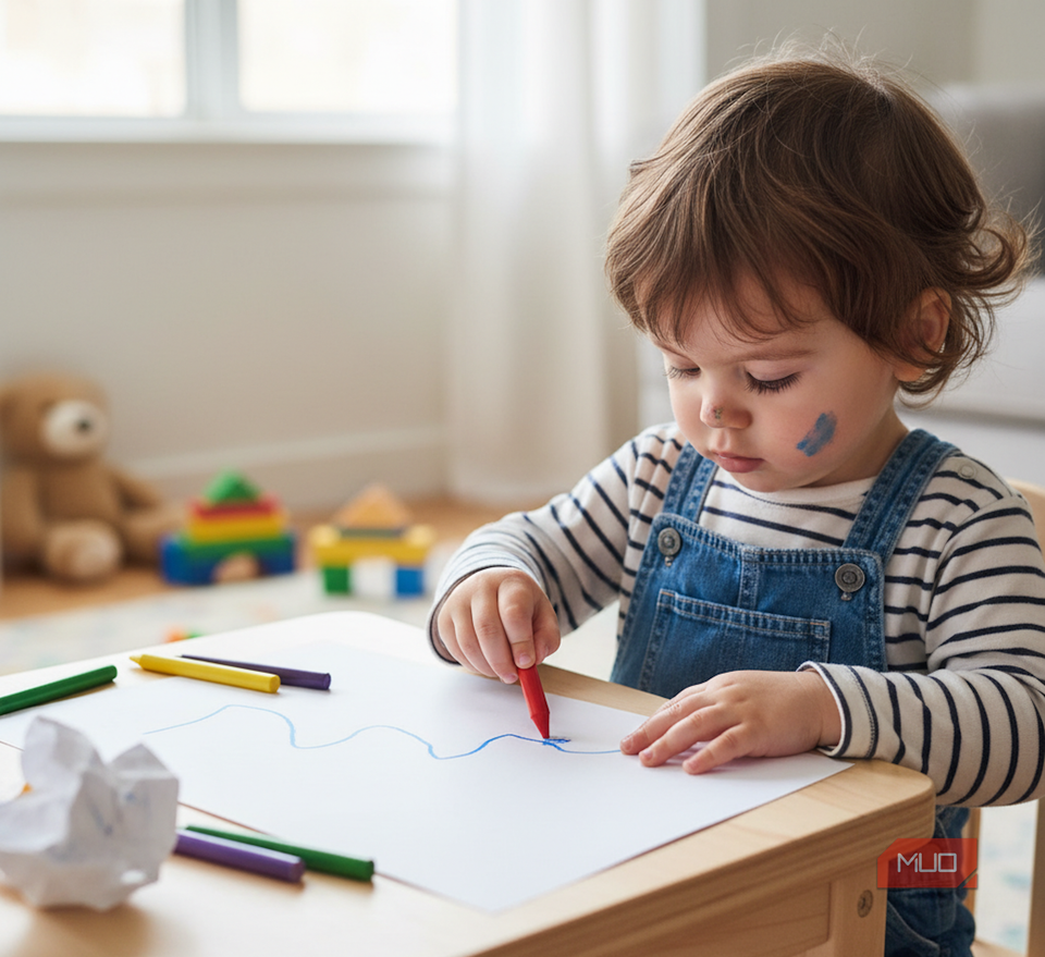 young child drawing on paper with crayons.