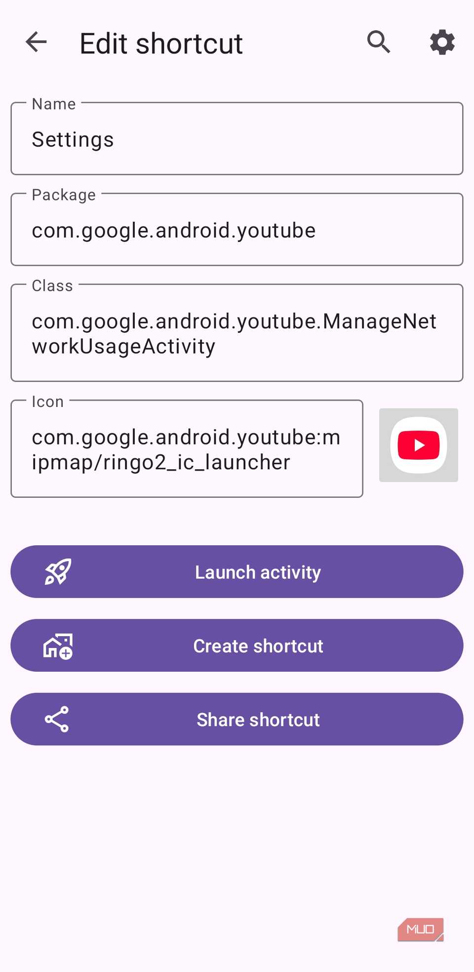YouTube app shortcut in Activity Launcher