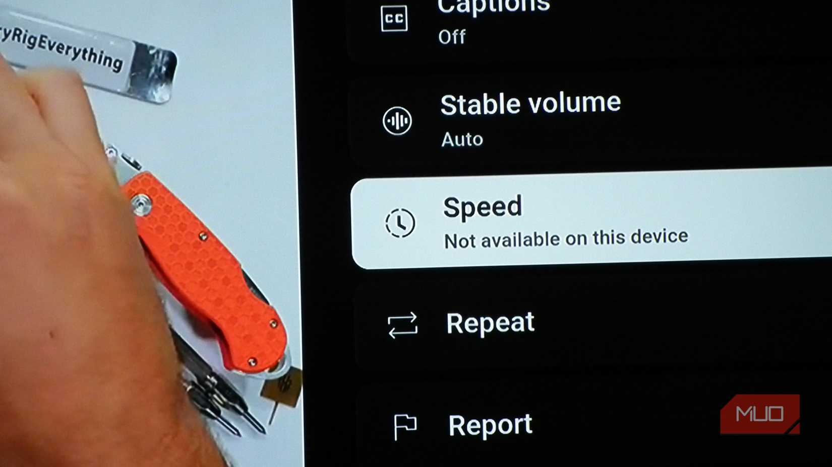 YouTube on TV showing that speed adjustments are disabled