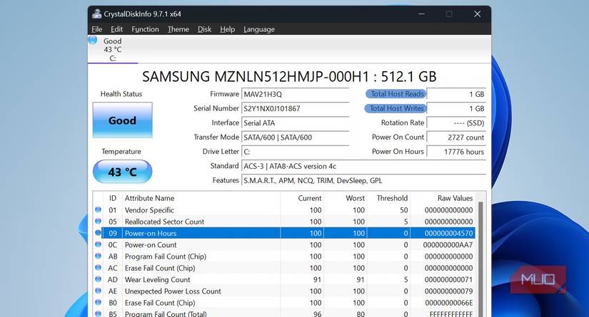 Zoomed in diagnosis with CrystalDiskInfo