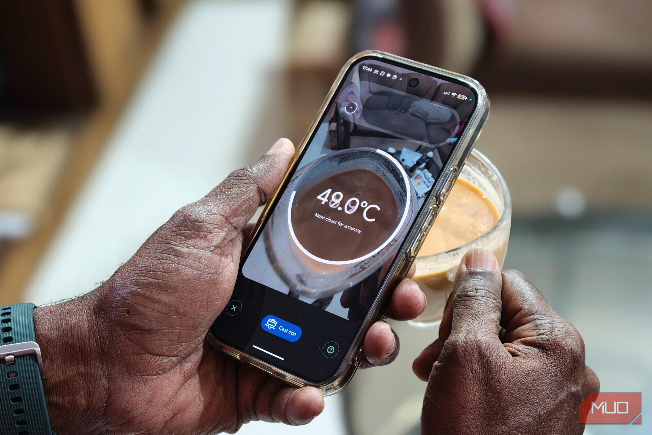 Checking the temperature of hot cup of tea on Google Pixel 10 Pro