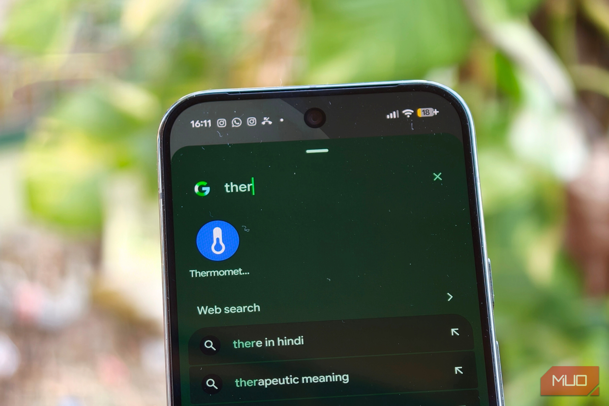 Searching for the thermometer app on the Google Pixel 10 Pro