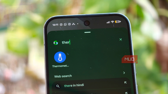 Searching for the thermometer app on the Google Pixel 10 Pro