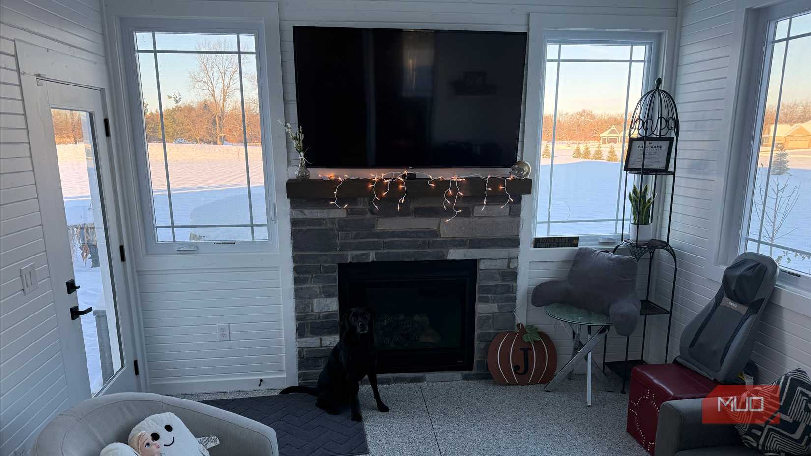 65 inch roku tcl tv mounted above fireplace with black dog