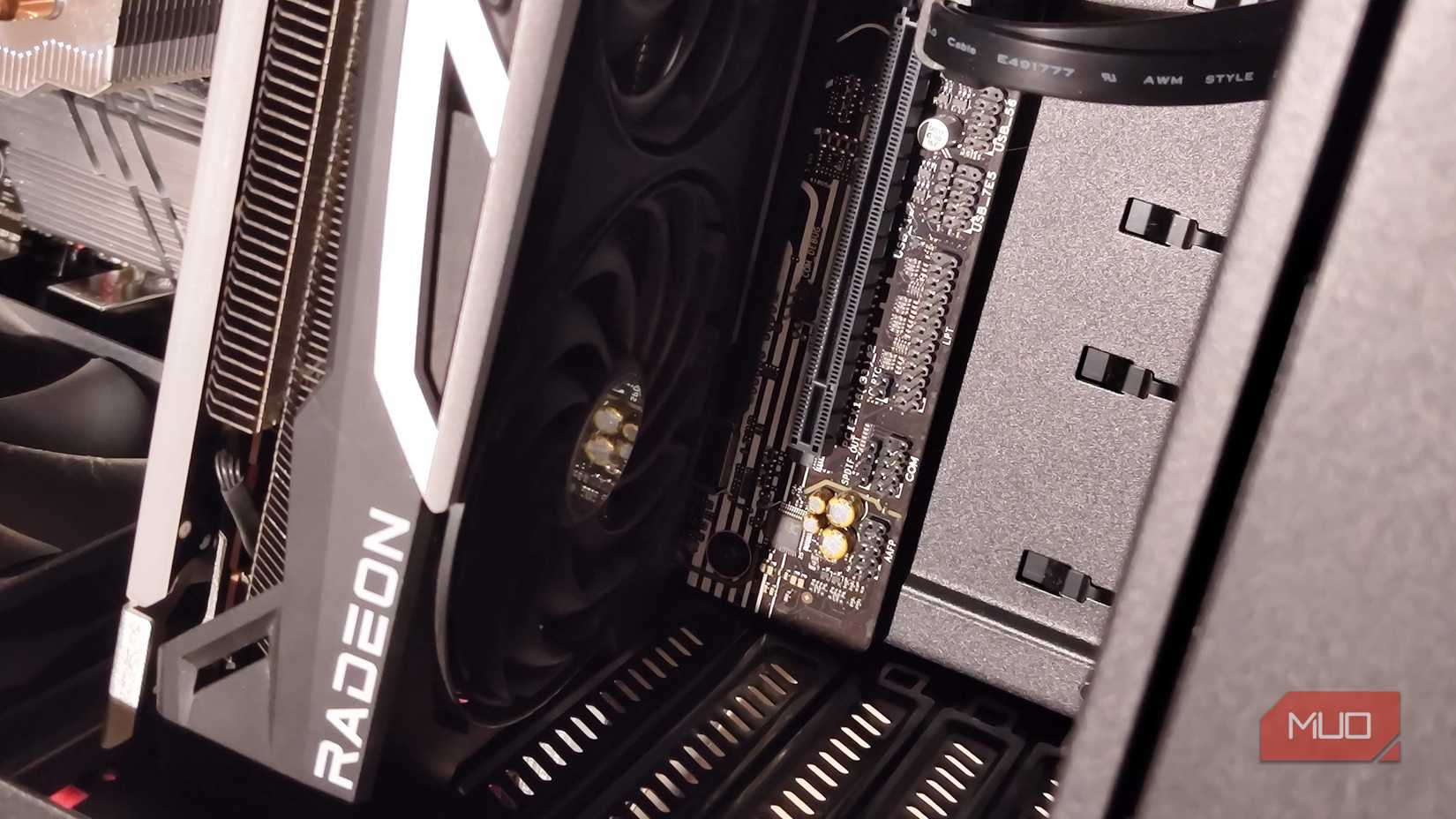 A Radeon GPU attached to a motherboard