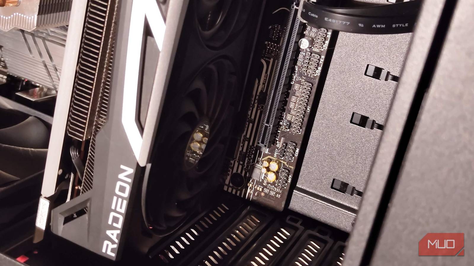 A Radeon GPU attached to a motherboard