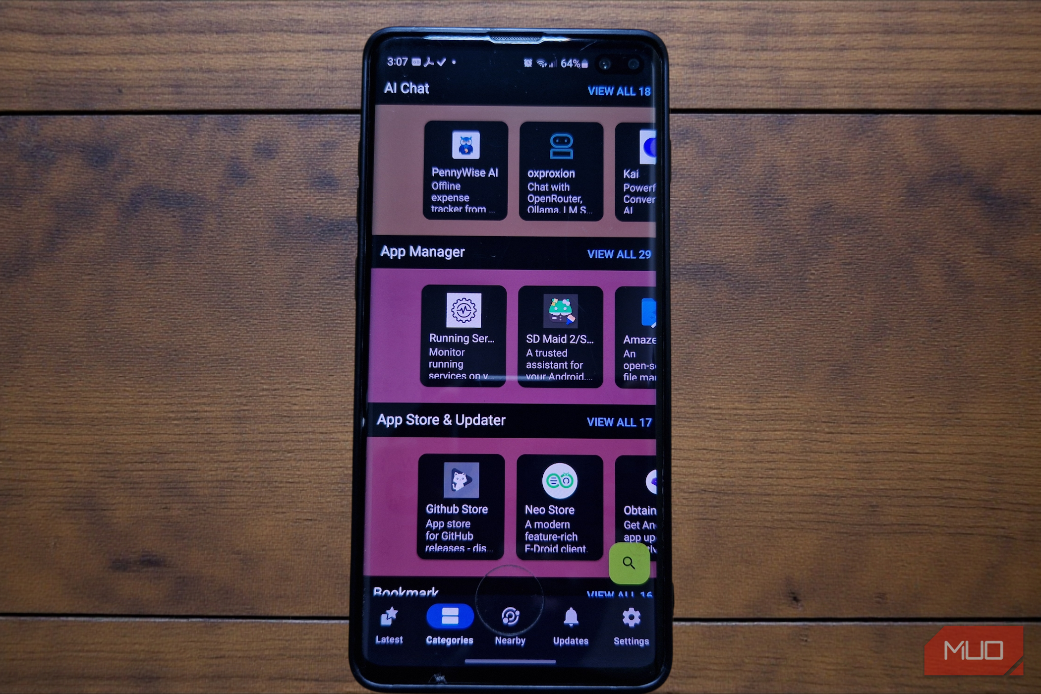 A smartphone screen displaying the F-Droid categorized dashboard