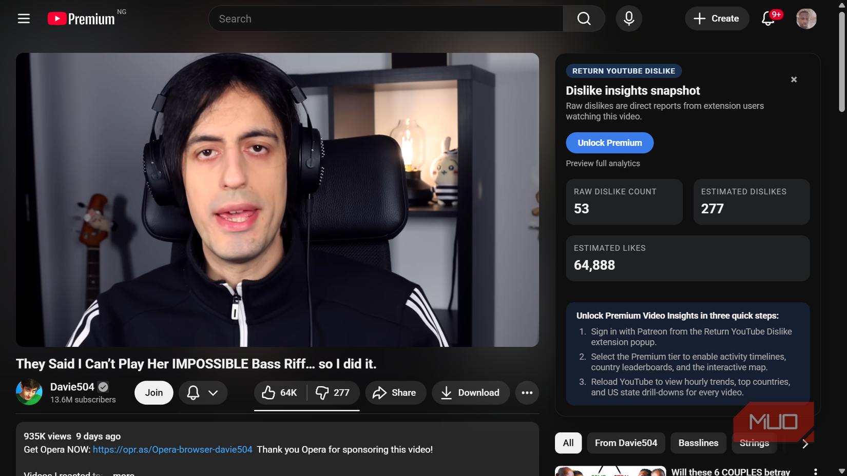 A YouTube video page displaying a Dislike insights snapshot sidebar panel.