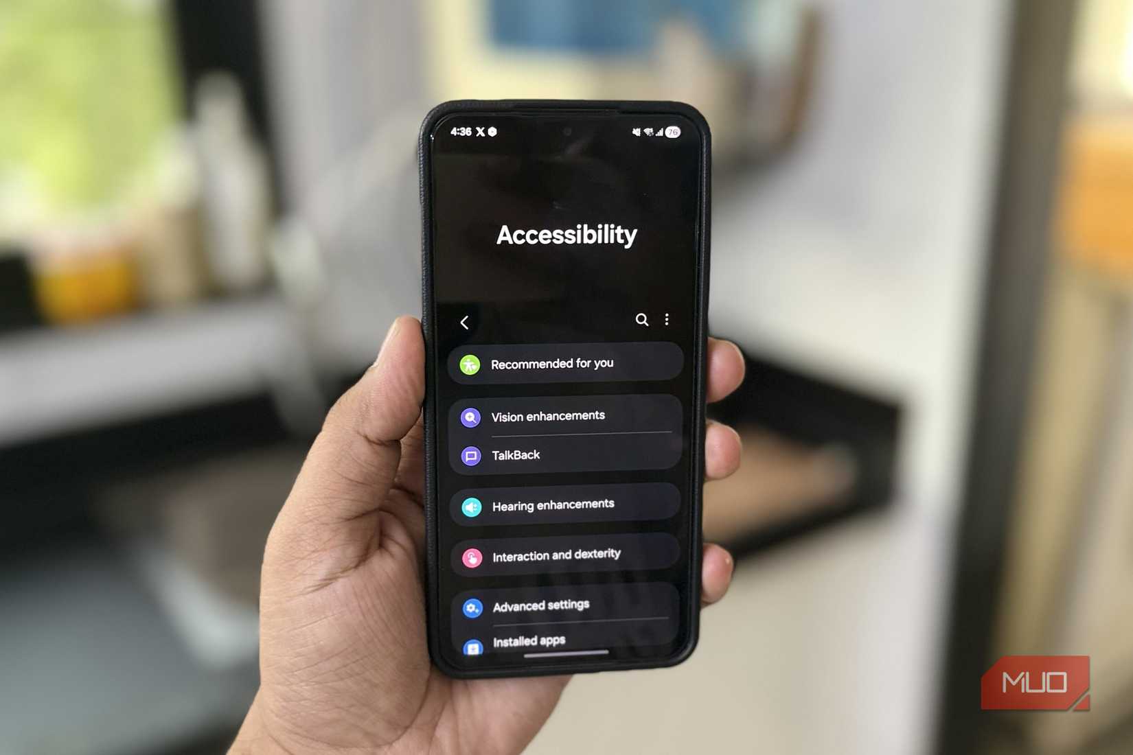 Accessibility menu on Android phone in hand