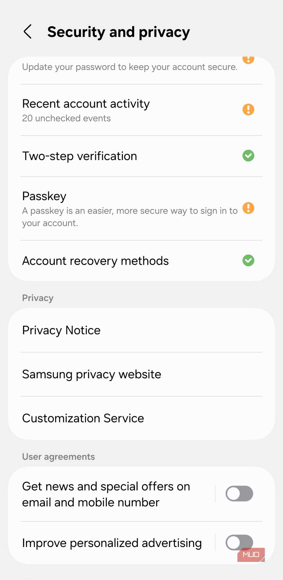 Account settings menu on Samsung phone