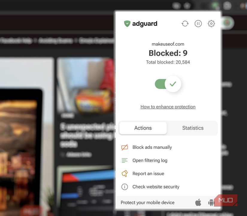 adguard con estadísticas de bloqueo en el navegador Chrome.