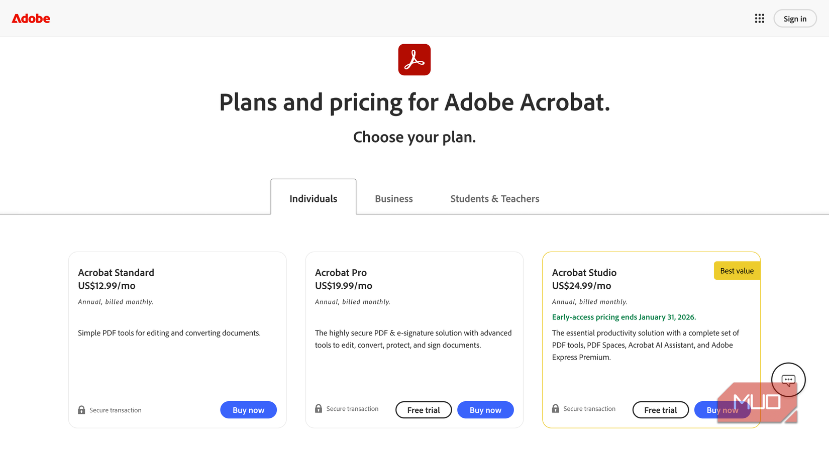 Adobe Acrobat Proの価格オプション画面