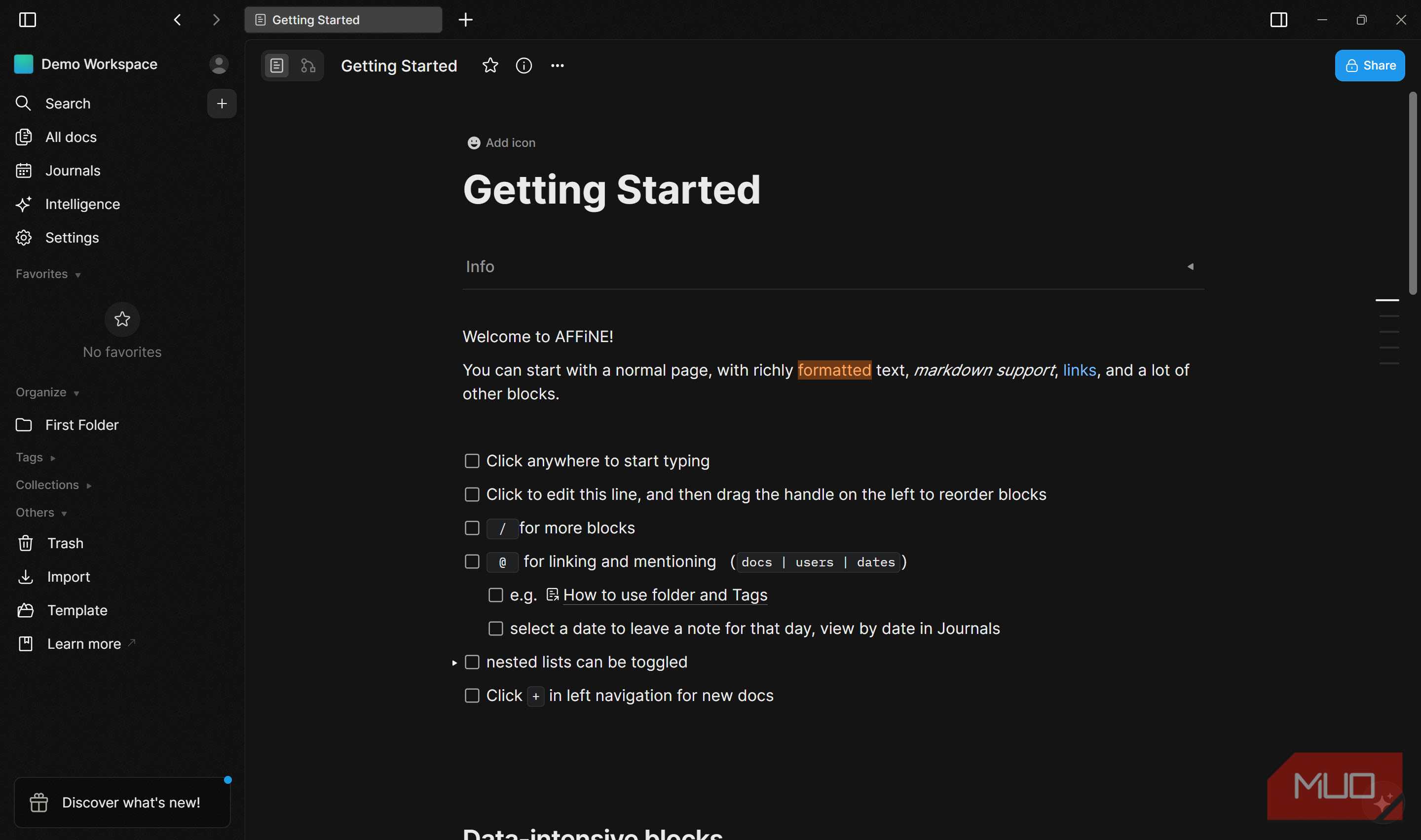 Affine home page with sample data.