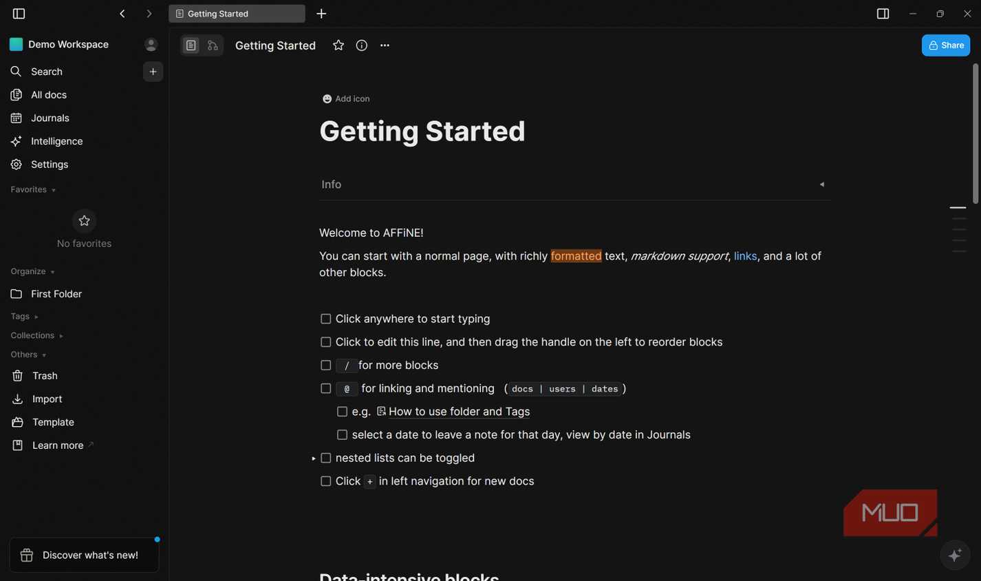 Как одно приложение заменило Notion, Miro и Obsidian в повседневной работе Главная страница AFFiNE с образцами данных