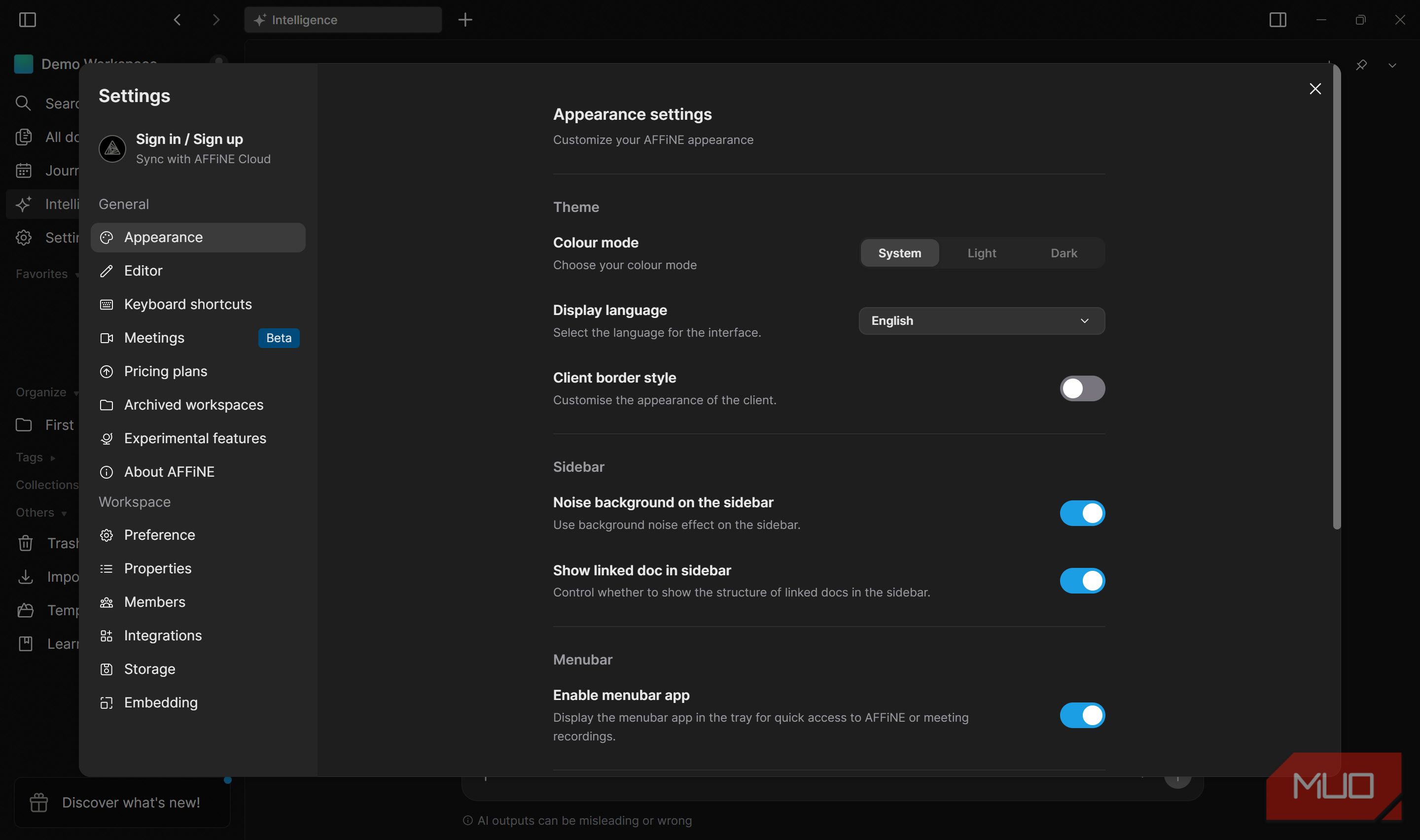 Affine settings menu.