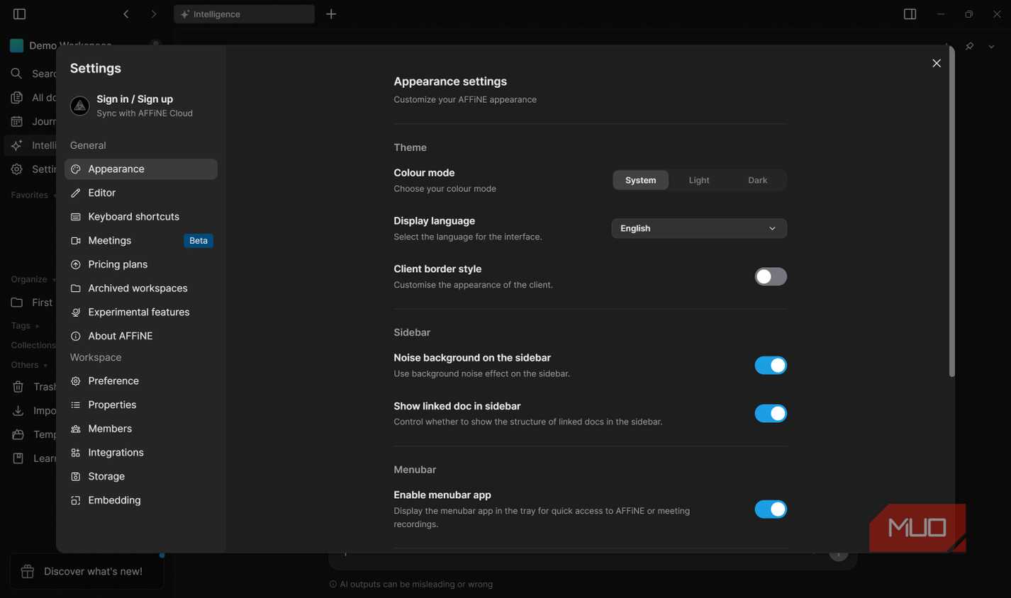 Affine settings menu.